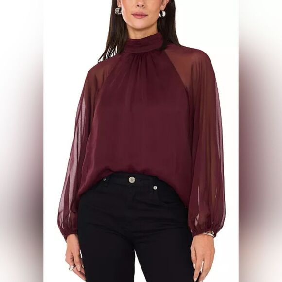 1.STATE Mock Neck Raglan Long Sleeve Blouse NWOT Size Large Burgandy - Picture 1 of 6